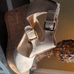 Grey/tan wedge sandals nine west